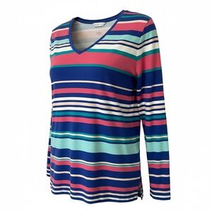 Talbots Cotton Blend V-Neck Striped Long Sleeve Tee Shirt 1X Soft Nautical